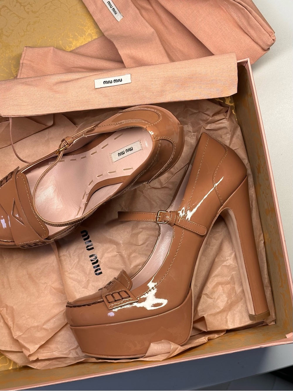 Miu Miu Camel Patent Leather Platform Mary Jane Pumps